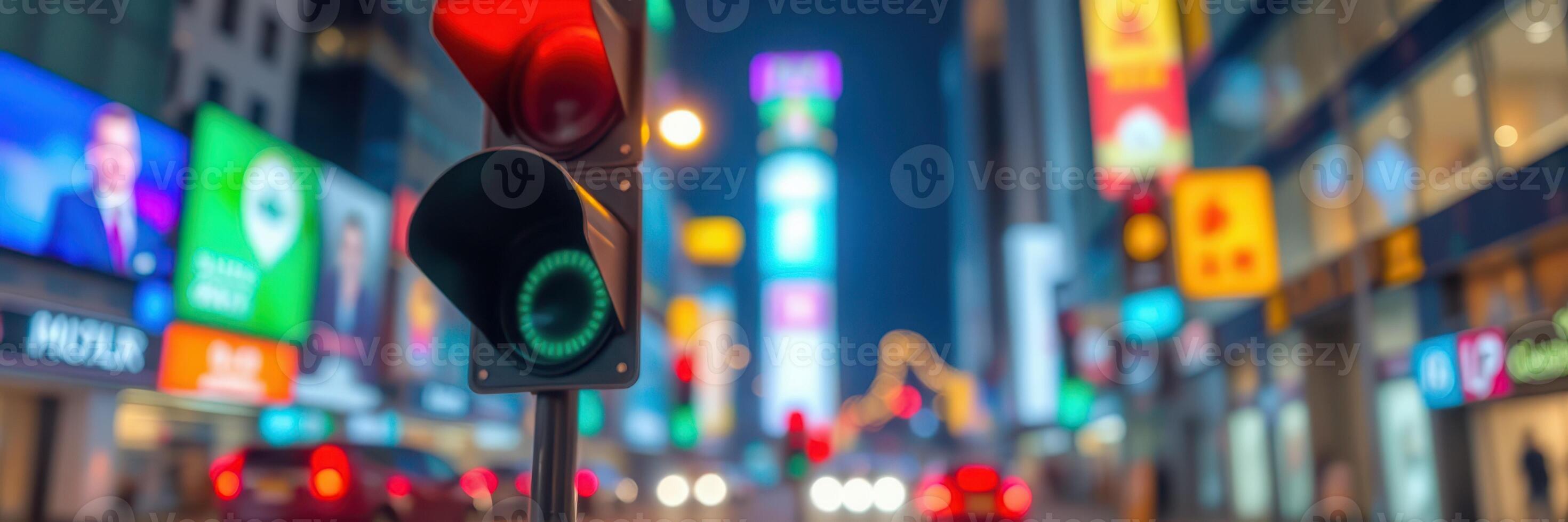Night view of a bustling city intersection with traffic lights and illuminated billboards photo