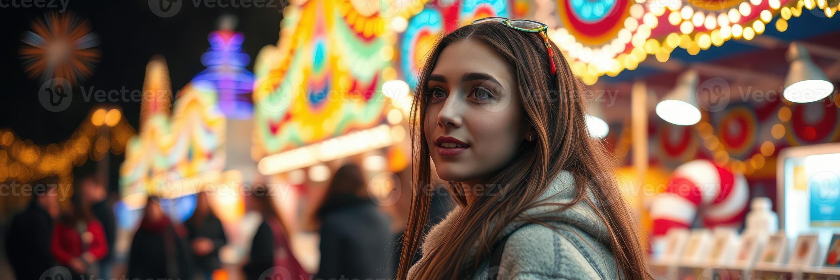 Young woman enjoying a festive evening at a colorful winter fair with lights and attractions photo