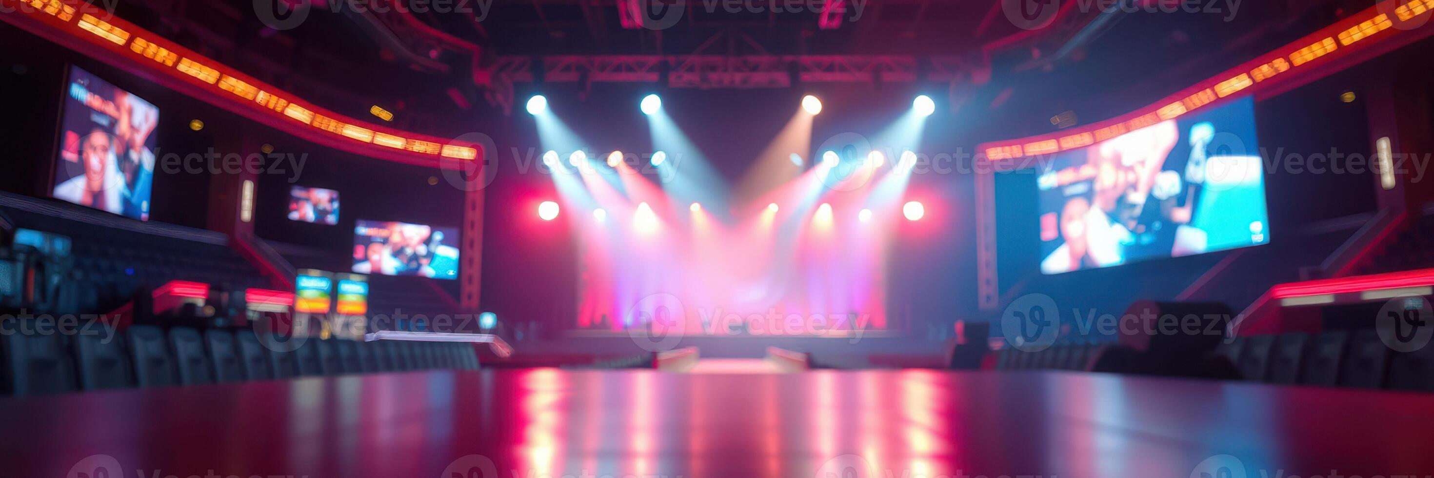 Exciting atmosphere at a live concert with vibrant lighting and engaging visuals in a packed arena photo