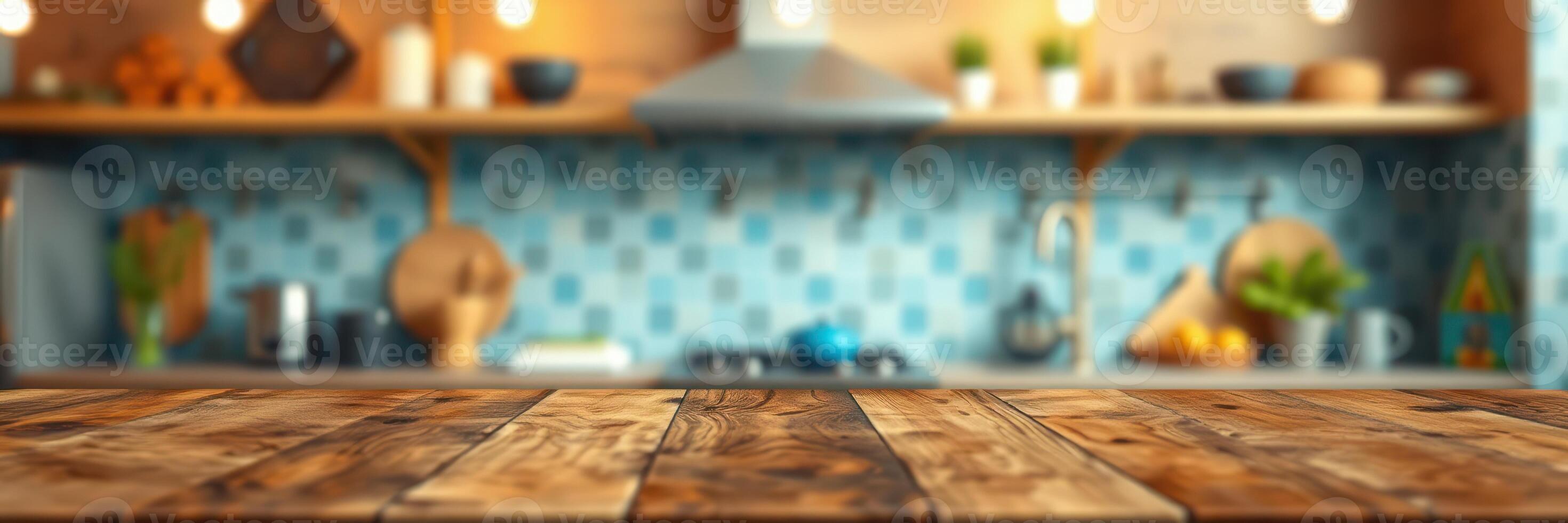 Wooden kitchen countertop with blurred colorful background showcasing a modern cooking space and culinary tools photo