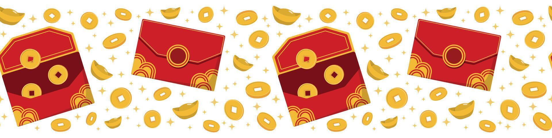 Chinese New Year red envelope and gold coins seamless pattern. Red seamless background with gold Chinese coins. Banner for Chinese New Year vector