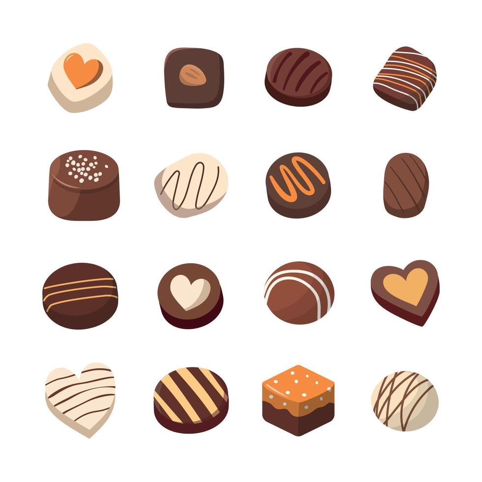 Dark and white chocolate candies collection. Set of chocolate sweets and desserts. Isolated on white background. vector