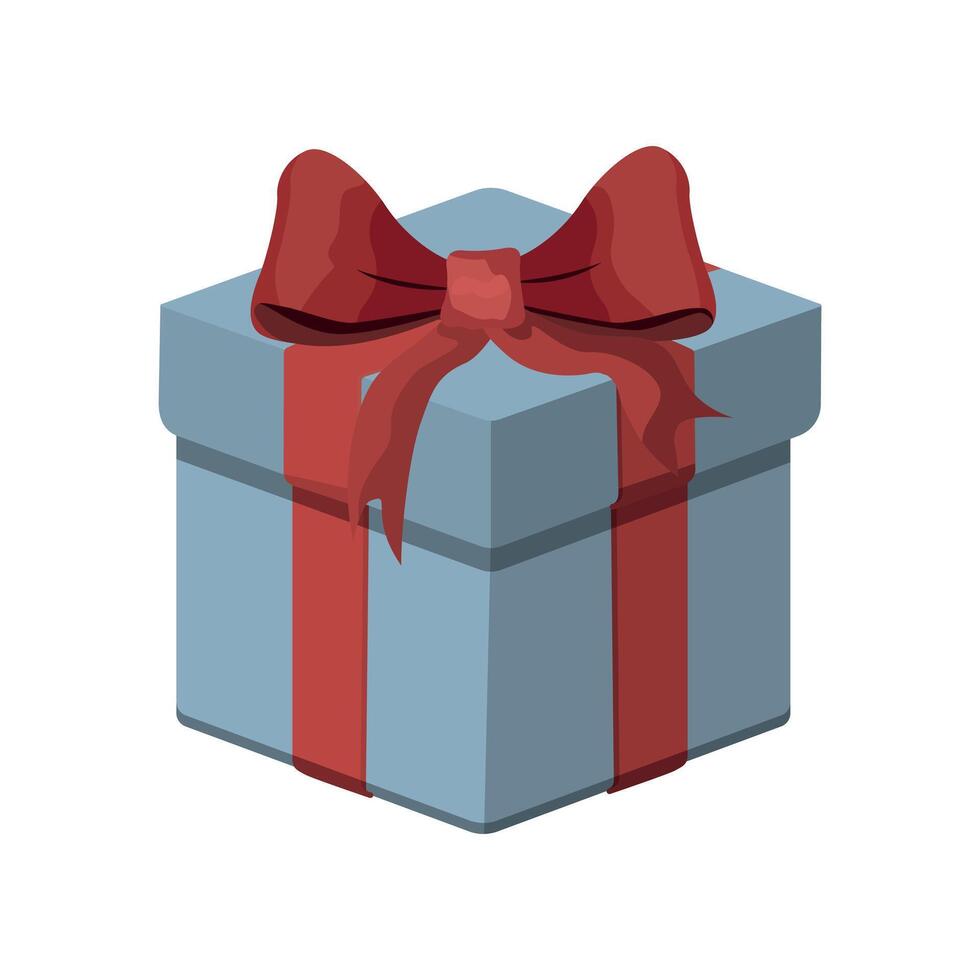 Wrapped blue present box with red ribbon. Illustration on white background. Presentation box, tied with wrapping ribbon. vector