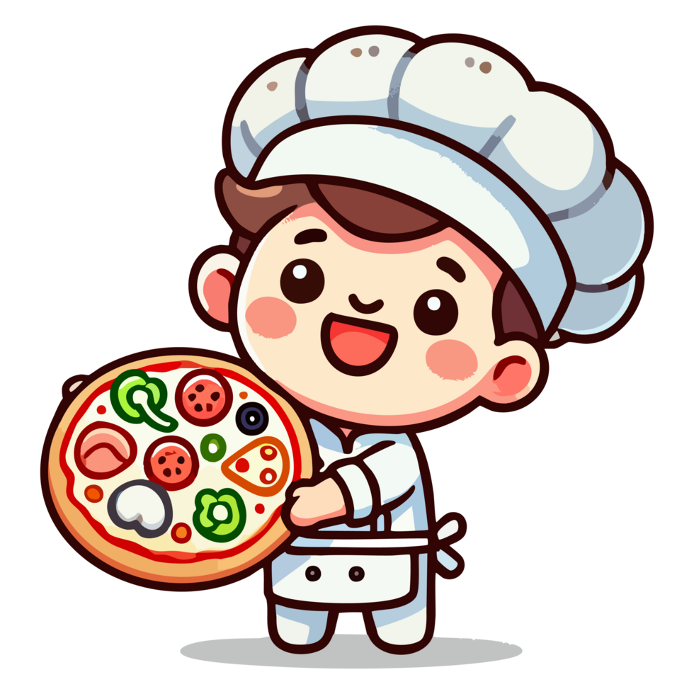 A cartoon chef is cooking pizza. He is smiling and she is happy png