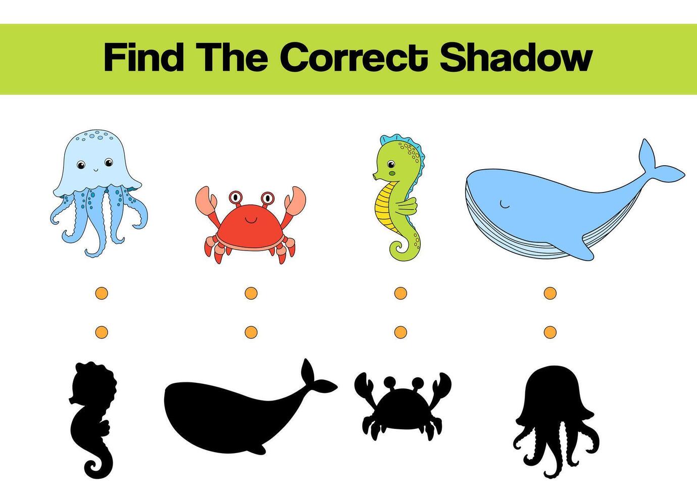Find correct shadow. Game worksheet. Sea animals vector