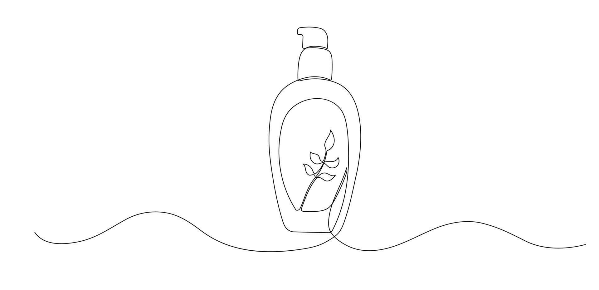 Liquid soap one continuous line illustration. Hand drawn doodle sketch of hygiene bottle vector