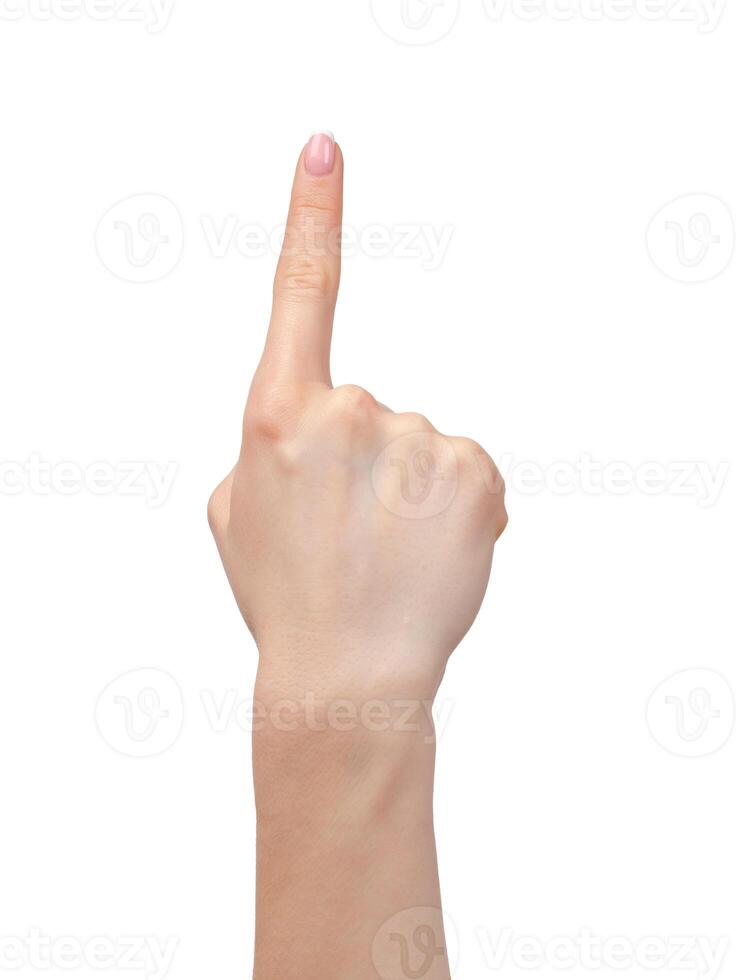 Female hand showing one finger up on white photo