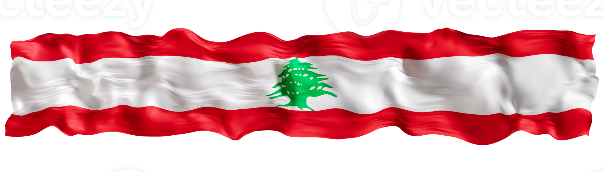Stylized flag of Lebanon waving in the wind on transparent background. Footer, header or divider. Cut out wide, panoramic element. Banner for patriotic themes or national event promotions. 3D. png