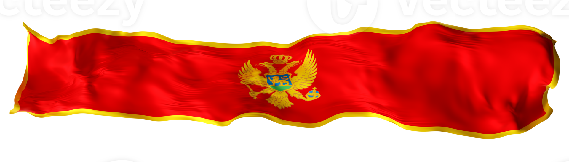 Stylized flag of Montenegro waving in the wind on transparent background. Footer, header or divider. Cut out wide, panoramic element. Banner for patriotic themes or national event promotions. 3D. png