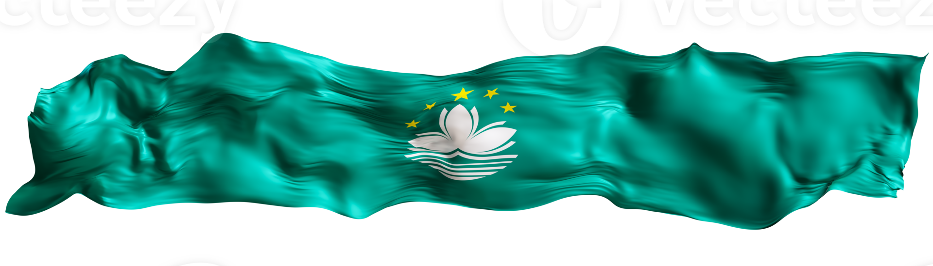 Stylized flag of Macau waving in the wind on transparent background. Footer, header or divider. Cut out wide, panoramic element. Banner for patriotic themes or national event promotions. 3D. png
