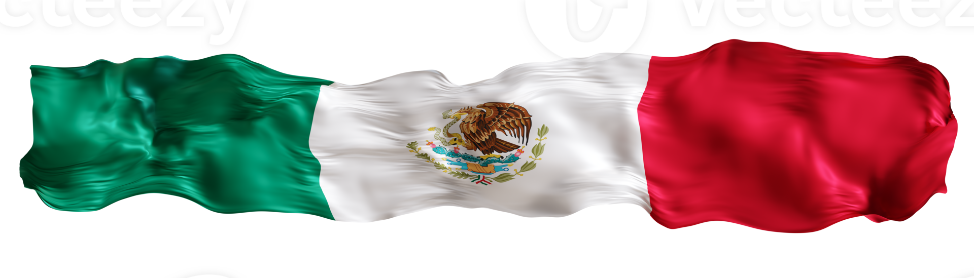 Stylized flag of Mexico waving in the wind on transparent background. Footer, header or divider. Cut out wide, panoramic element. Banner for patriotic themes or national event promotions. 3D. png