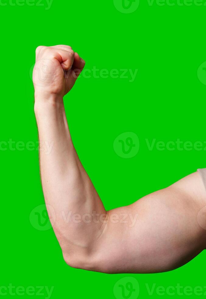 Strong and muscular arm flexing against a bright green background photo