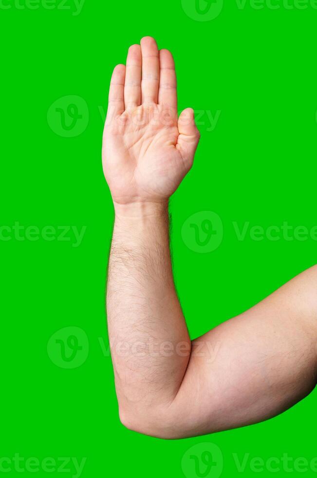 A raised hand against a vibrant green backdrop signaling for attention or greeting photo