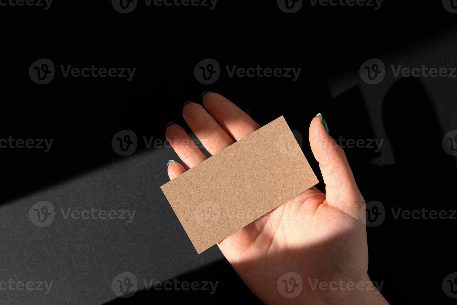 Female hand holding blank businesscard. Creative photo with shadow
