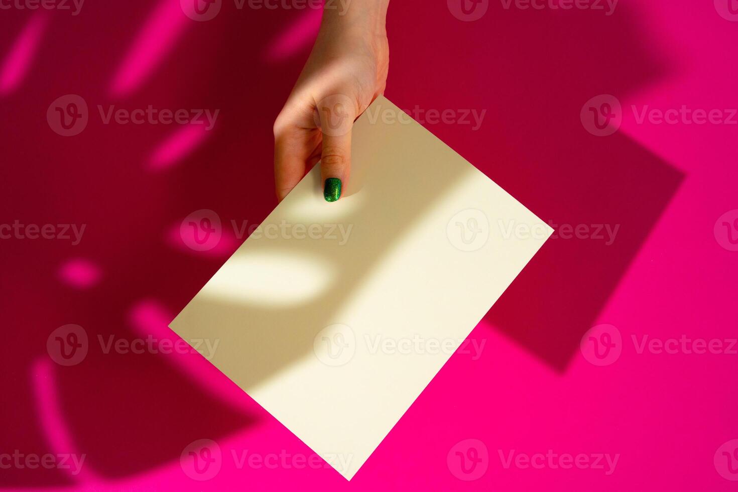 Female hand holding blank businesscard. Creative photo with shadow