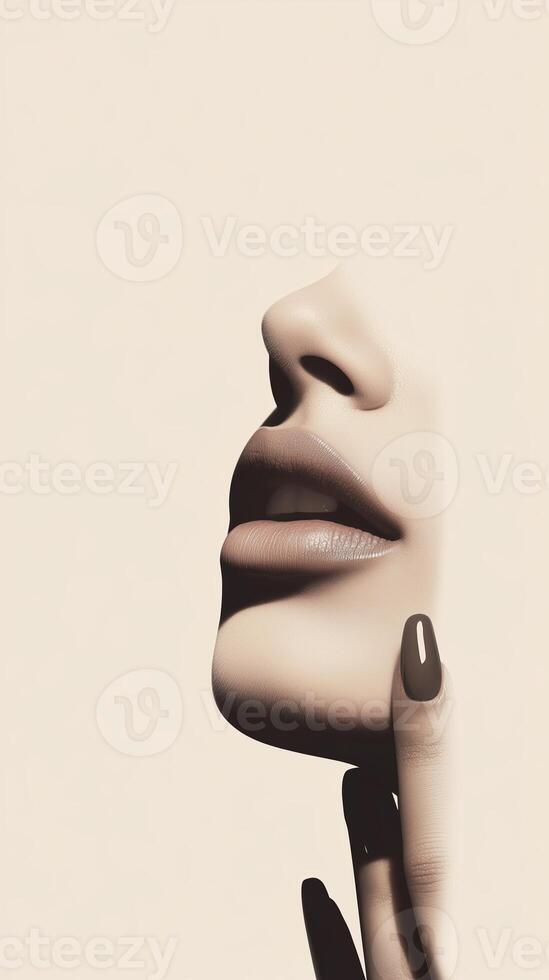 Close-up of a woman's face highlighting features and elegant hand gesture in a minimalist setting photo