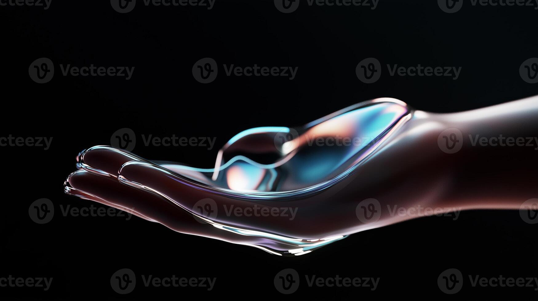 Liquid flowing gracefully from a hand in a dark environment showcasing ethereal motion and light reflections photo