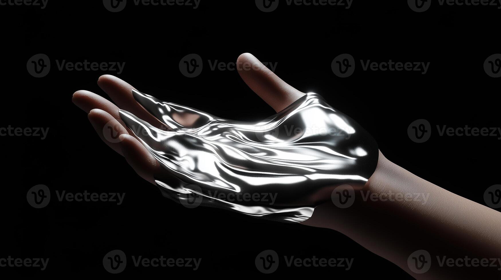 Fluid silver material flowing over an outstretched hand on a dark background enhances the sense of motion and texture photo