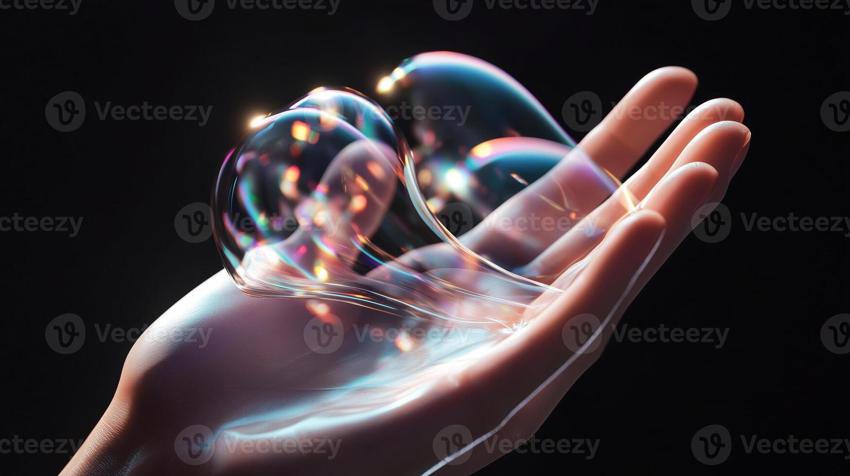 Captured moments of light and color in delicate soap bubbles resting on an open hand photo