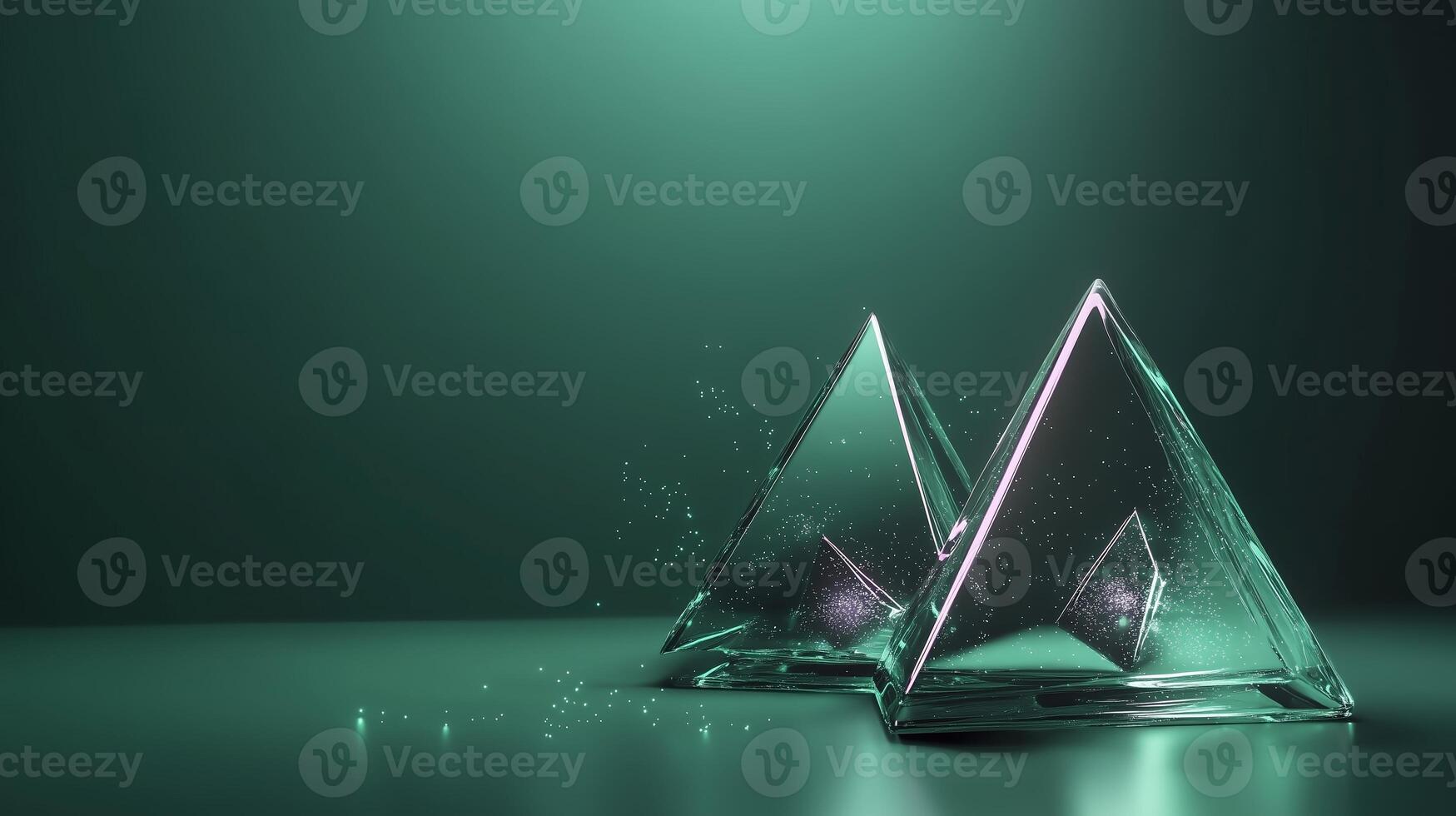 Glass pyramids reflect light in a dimly lit space, creating an intriguing display of shapes and textures photo