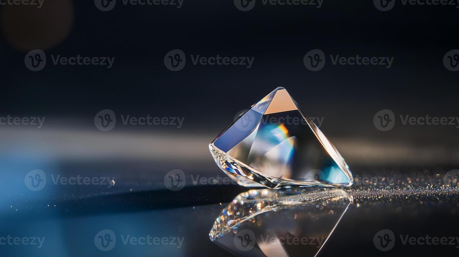 Brilliant crystal prism rests on reflective surface under soft light during a serene setting photo