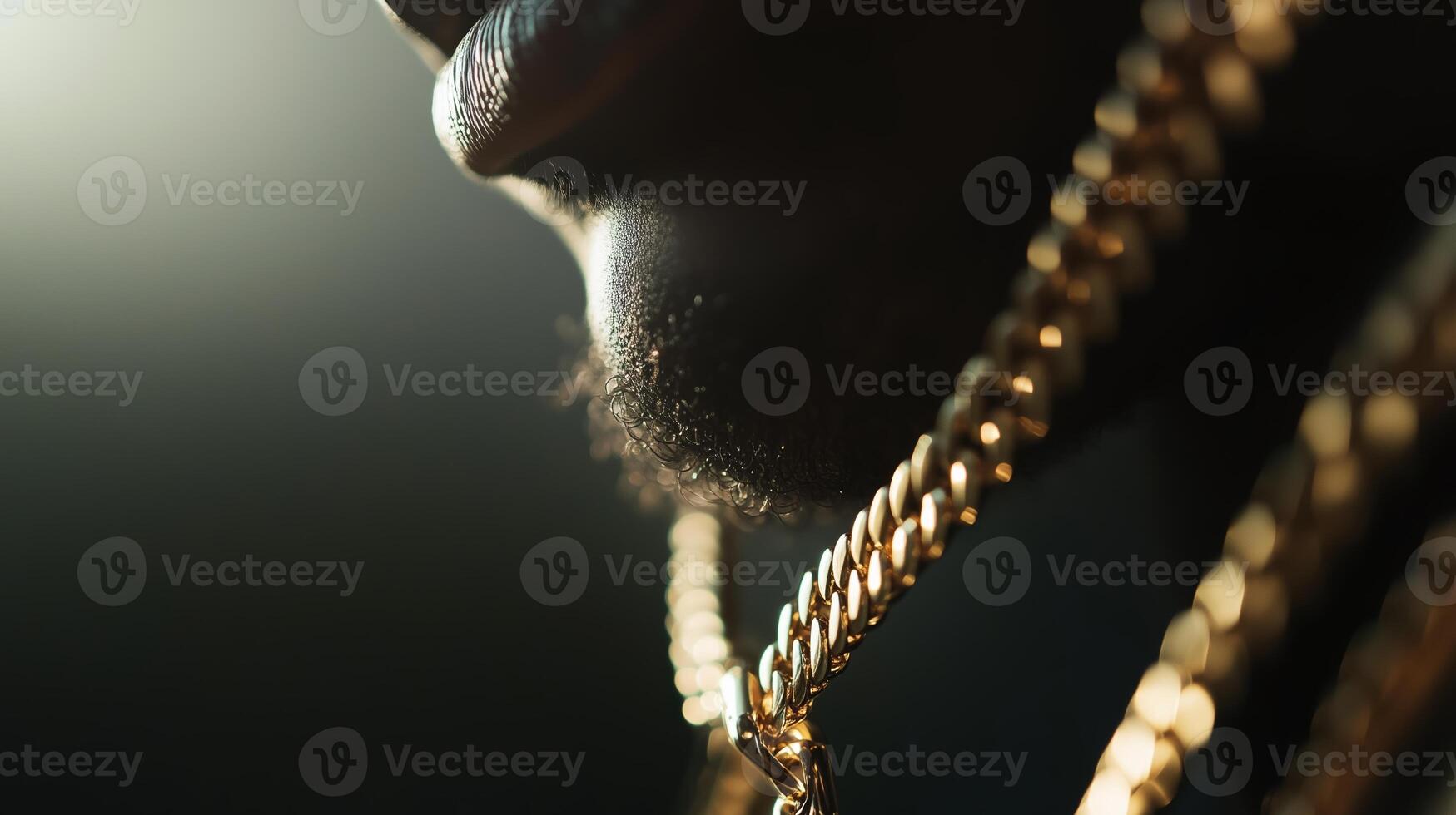 Close-up of a person showcasing elegant gold jewelry in a dimly lit environment with a focus on intricate details photo