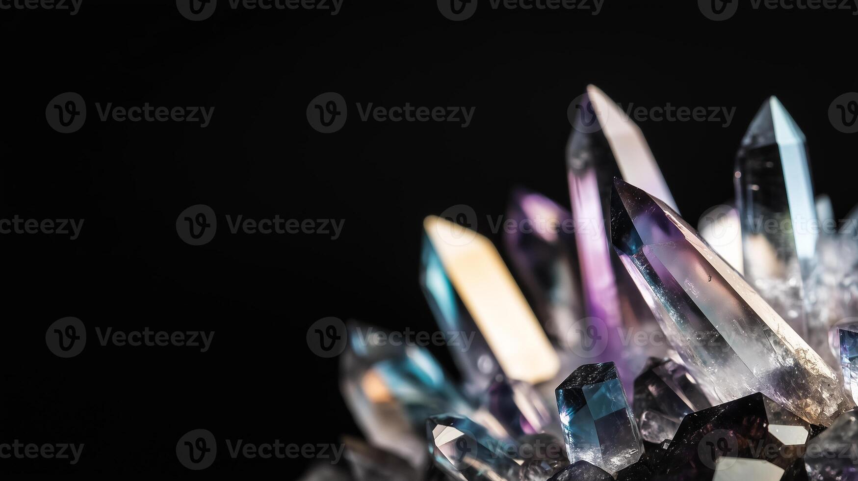 Sparkling quartz crystal cluster with vibrant reflections and sharp facets in a dark background photo