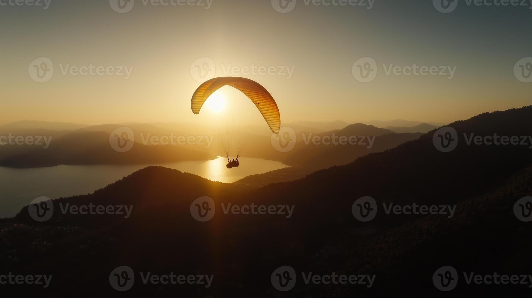 Paragliding over hills at sunset with a beautiful lake reflecting golden light photo
