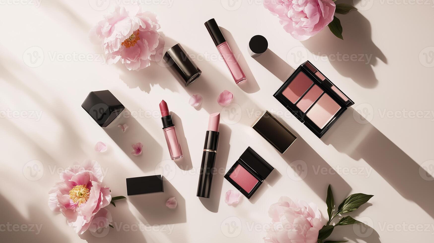 Cosmetic display featuring lipsticks and blush accompanied by pink peonies on a soft surface during afternoon light photo
