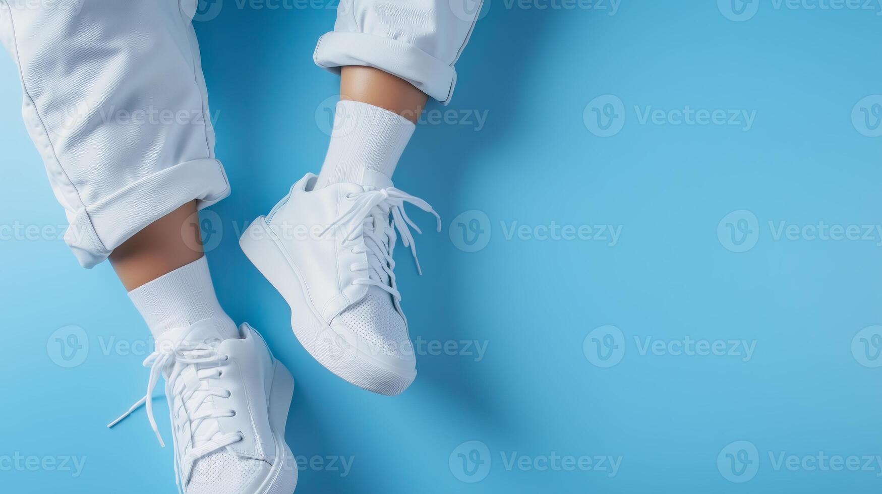 Stylish white sneakers with rolled-up pants against a vibrant blue background photo