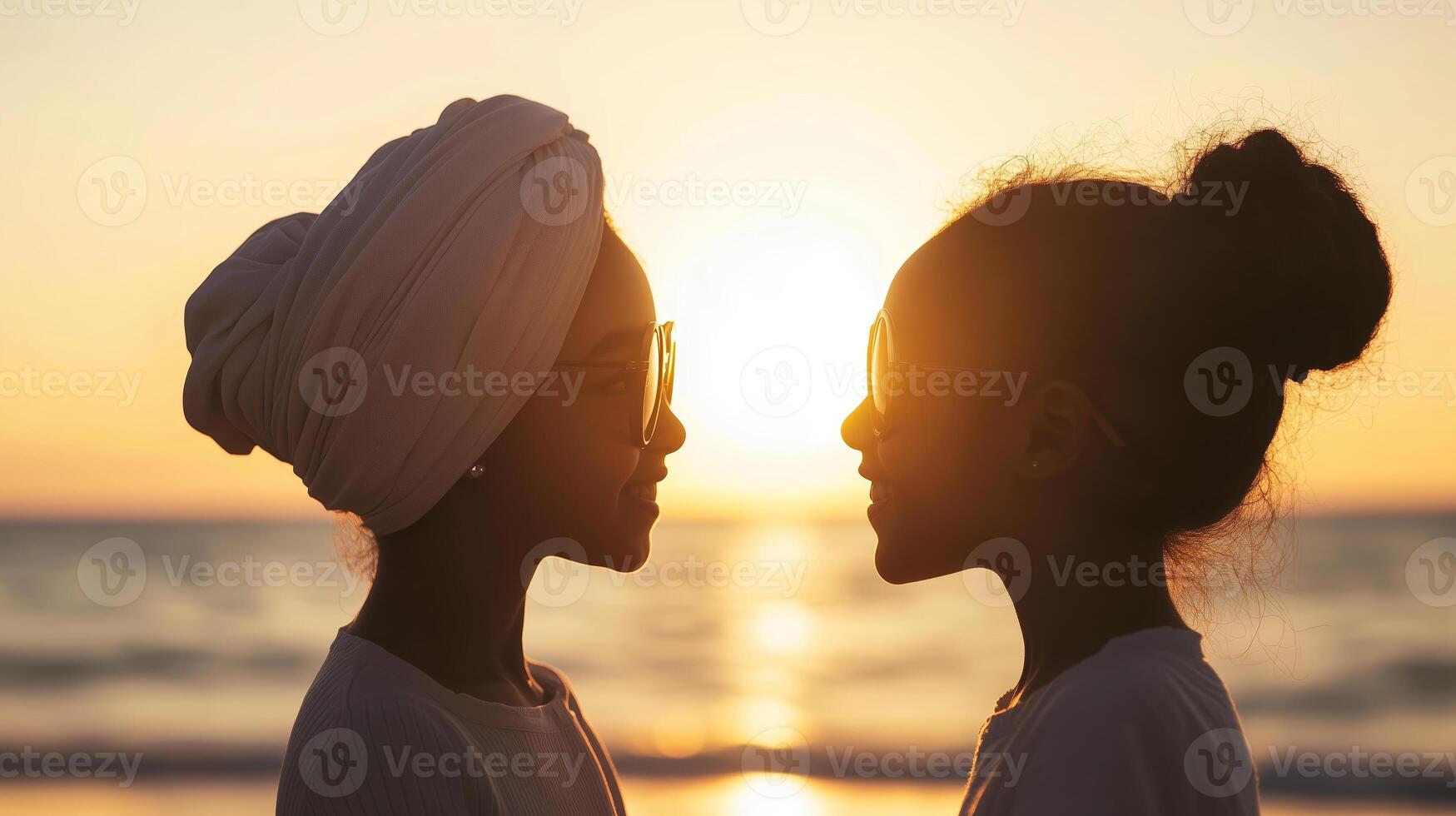 Two girls enjoying a sunset at the beach while wearing sunglasses and embracing the moment with happiness photo