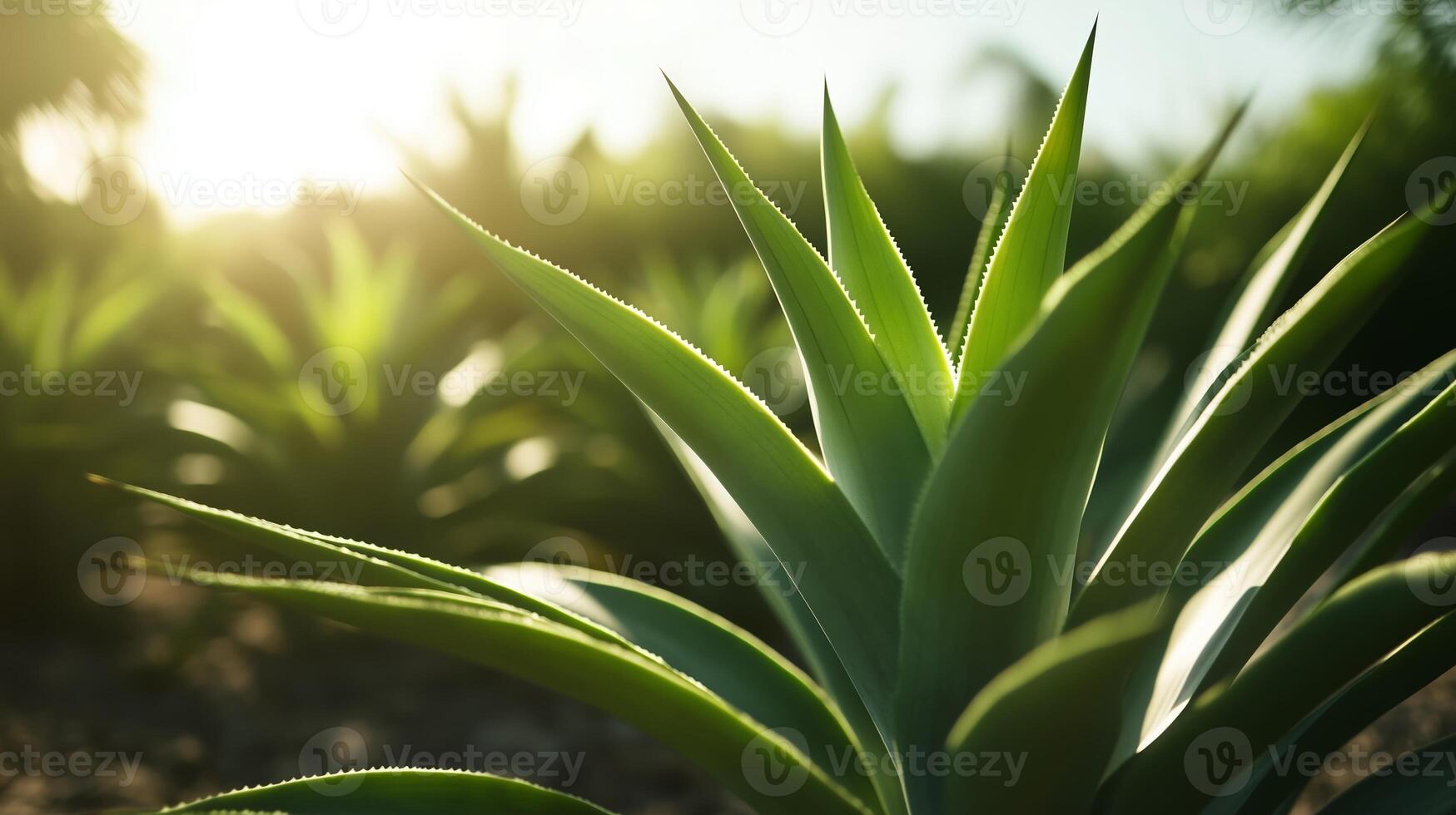 Close-up view of vibrant green agave plants illuminated by sunlight in a lush garden setting photo