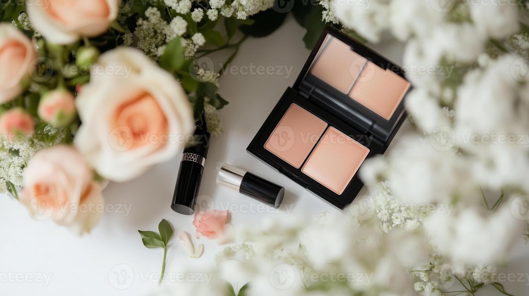 Soft floral arrangement featuring cosmetics and beauty products on a light background during a serene setting photo