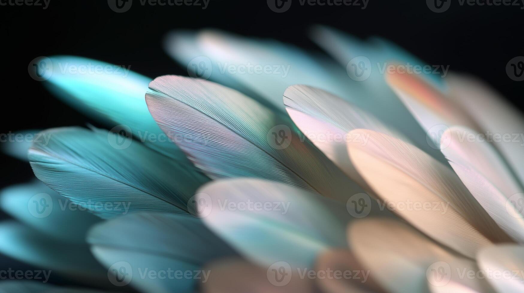 Beautiful array of delicate feathers showcasing shades of blue, white, and cream in intricate detail and soft lighting photo