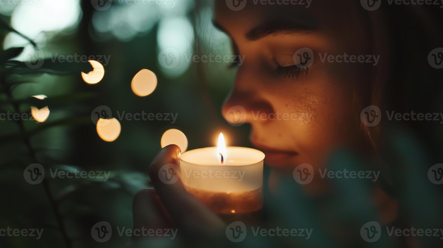 Woman enjoying a lit candle in a serene forest setting during twilight with soft glowing lights in the background photo