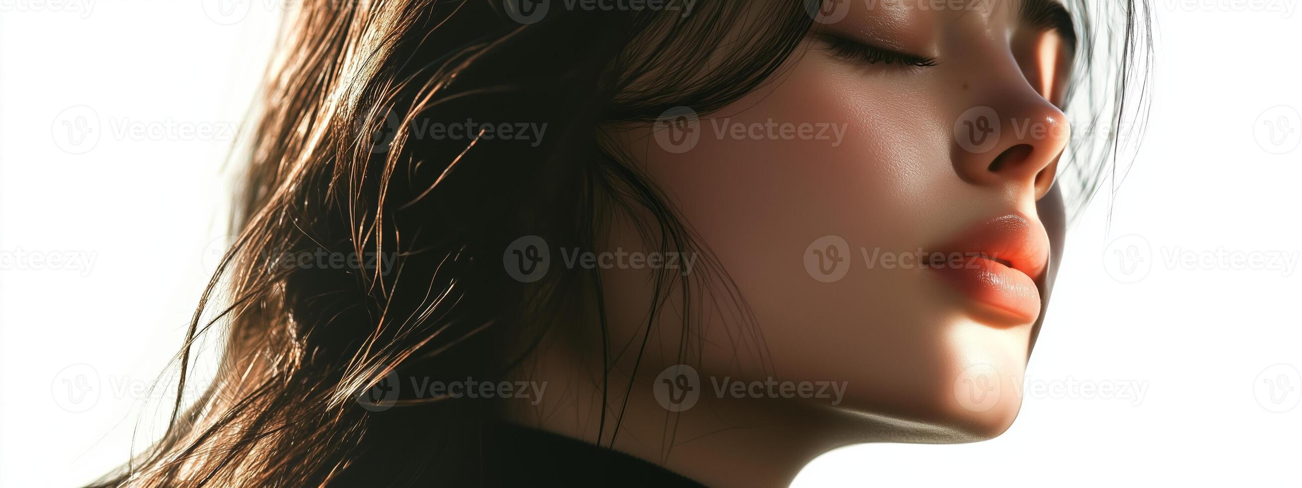 Captivating profile of a woman with long hair in soft lighting showcasing graceful beauty and serene expression photo