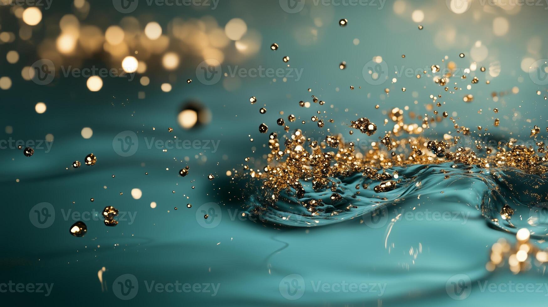 Dynamic splash of water droplets creating shimmering effects against a teal backdrop photo