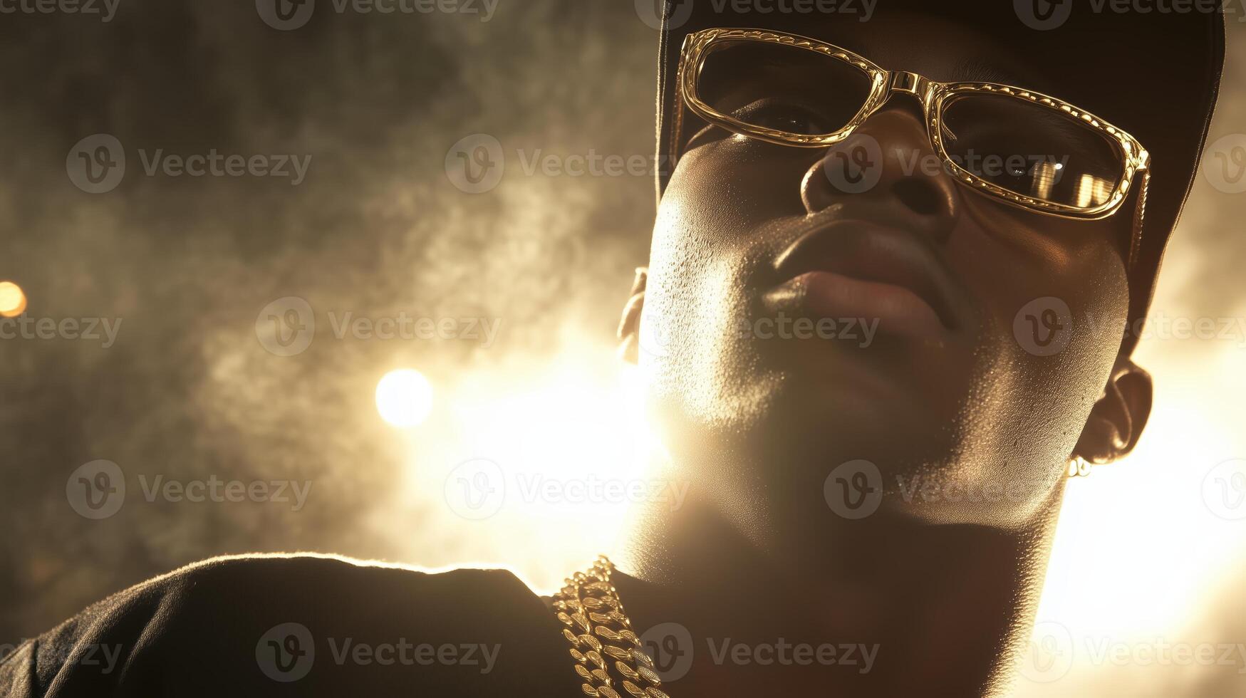 Music artist performing on stage with dramatic lighting at an evening event photo