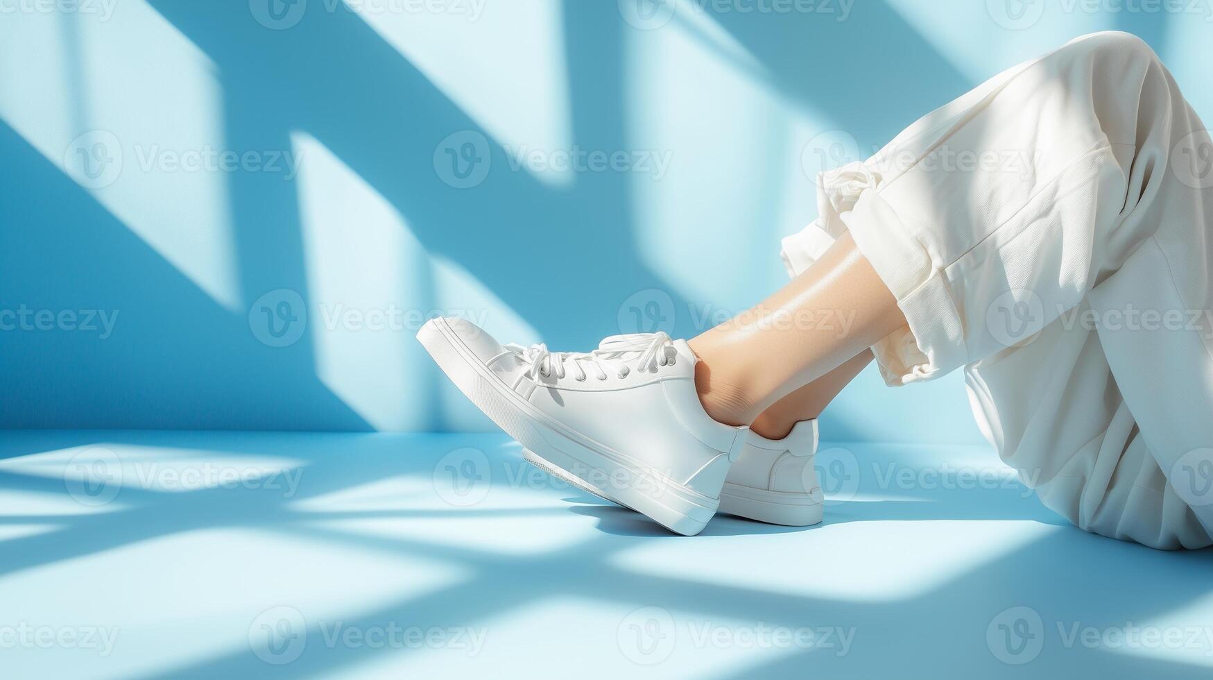 Stylish white sneakers complement casual outfit in bright setting with soft shadows photo