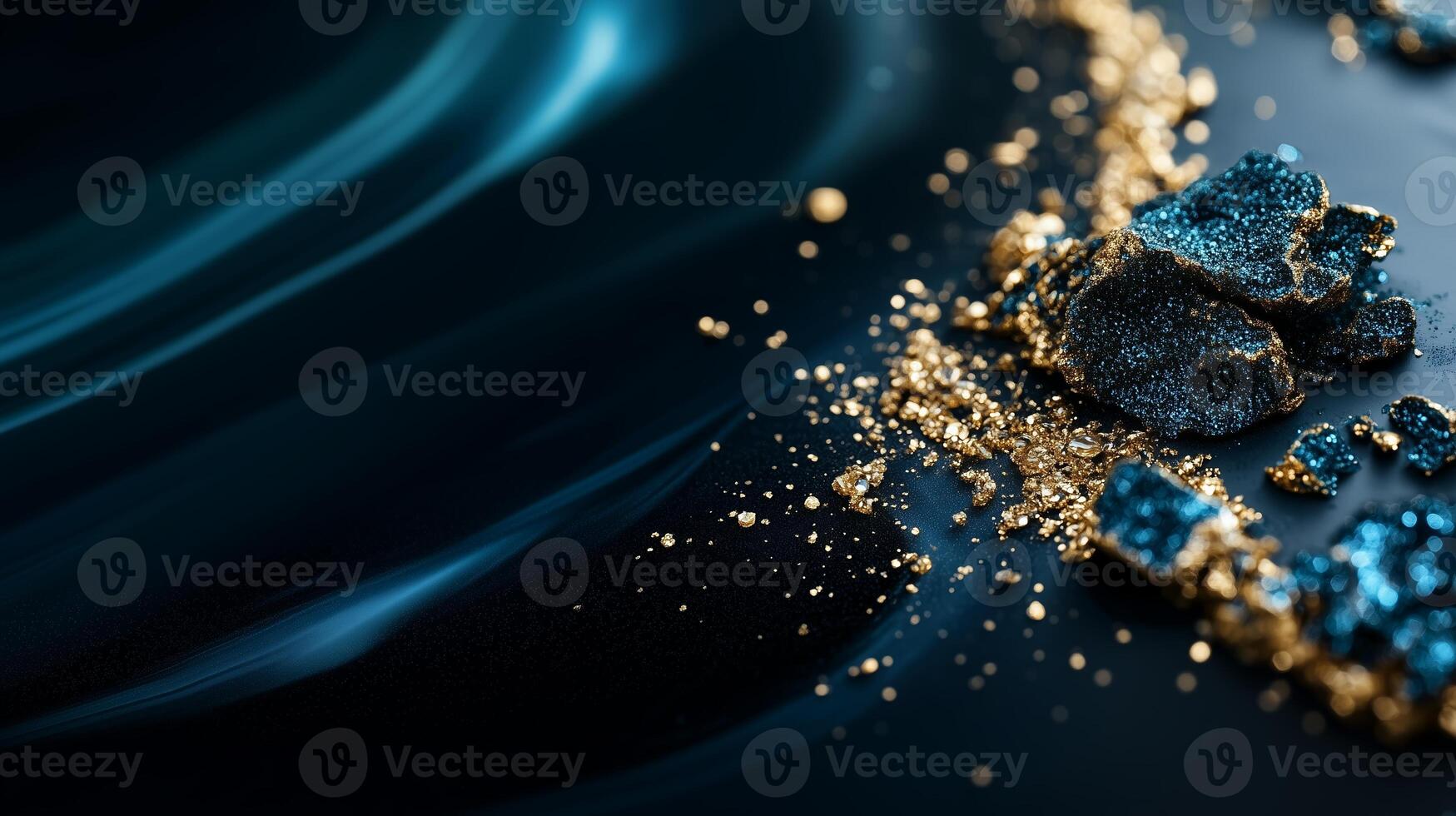 Beautiful blue and gold abstract texture with shimmering particles and crushed stones on dark smooth background photo