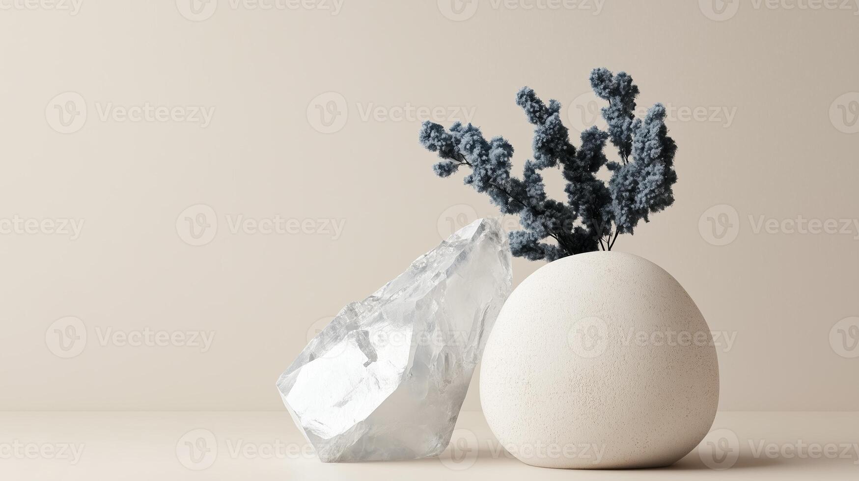 Minimalist arrangement of a rock and a round vase with dried flowers on a neutral background photo