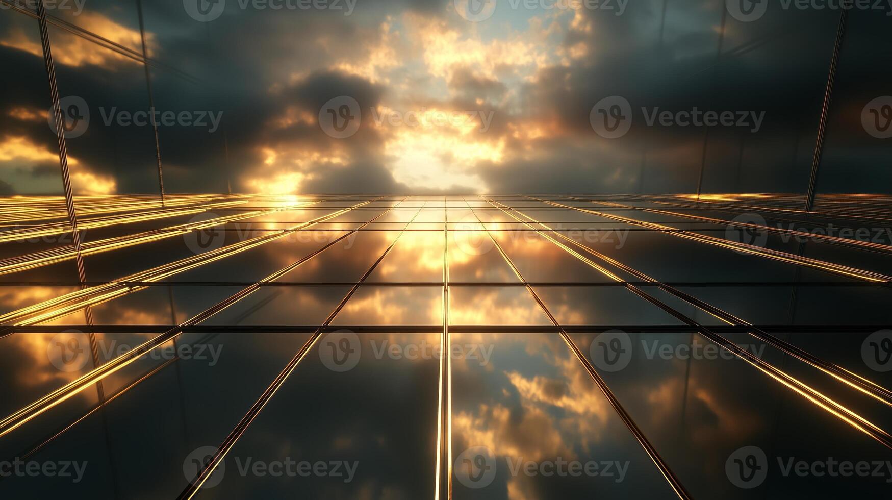 Reflections of a sunset on modern skyscraper glass in an urban landscape during evening hours photo