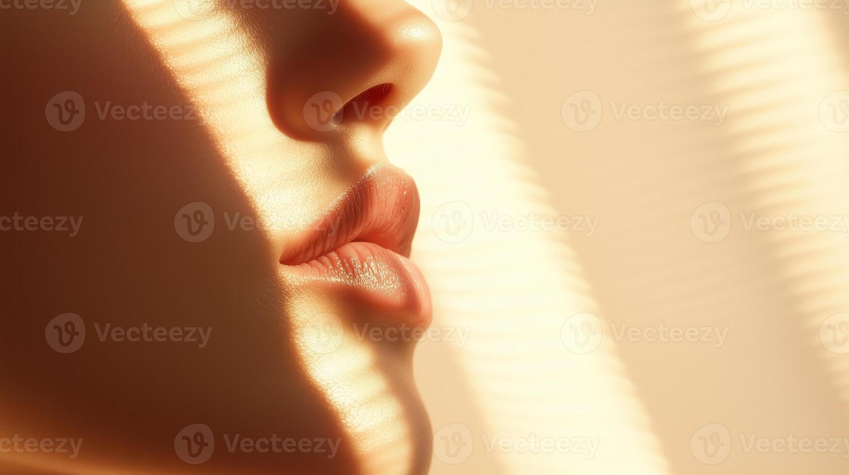 Subtle light patterns illuminate a serene profile against a warm background in the morning glow photo