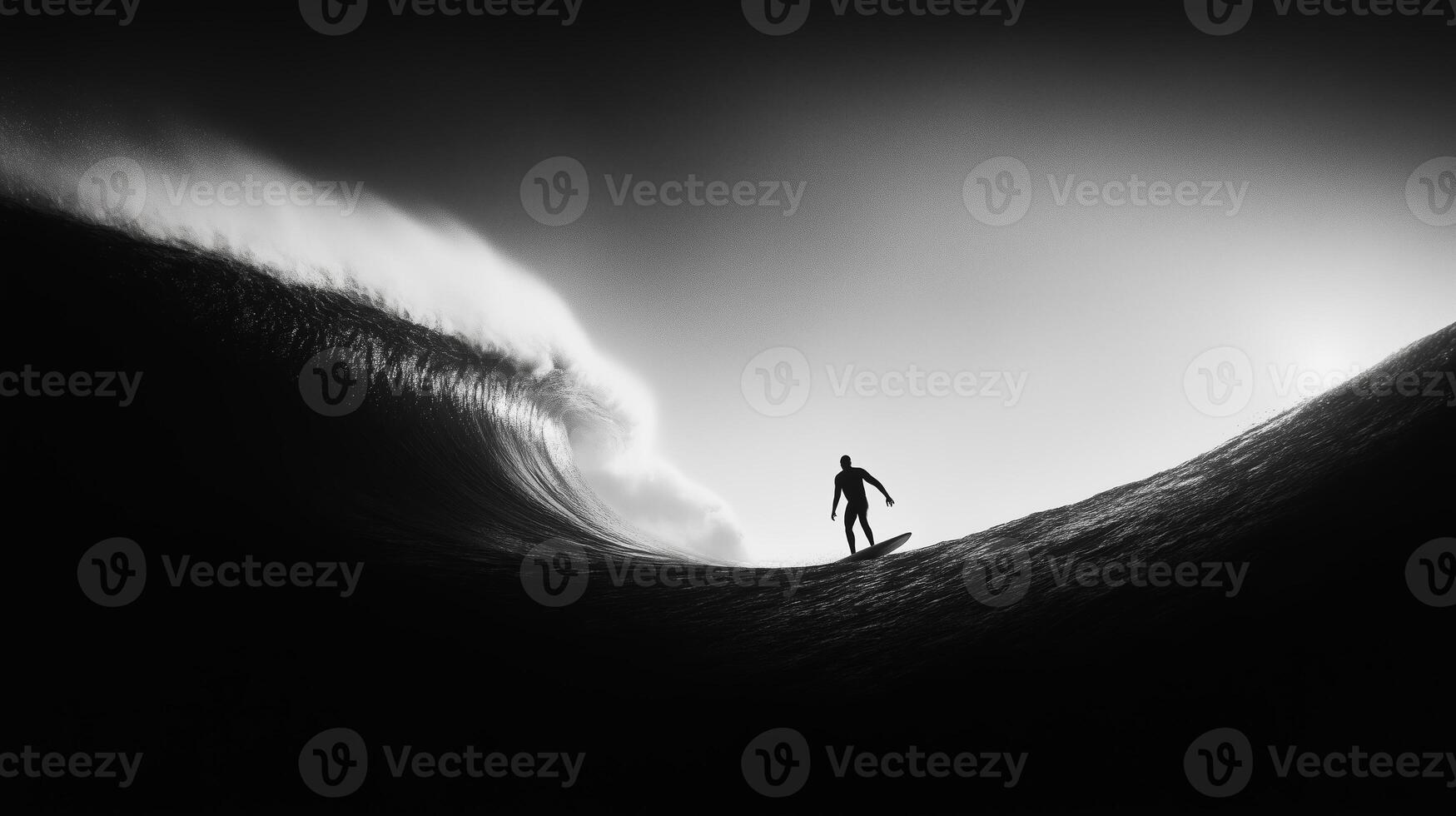 Surfer riding a massive wave during sunset at a beach with dramatic lighting and shadow play photo