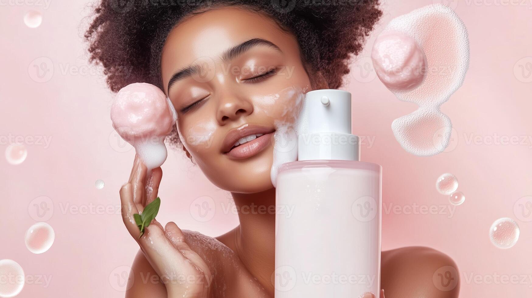 Beautiful young woman applying skincare foam on her face in a light and soft beauty setting with bubbles photo