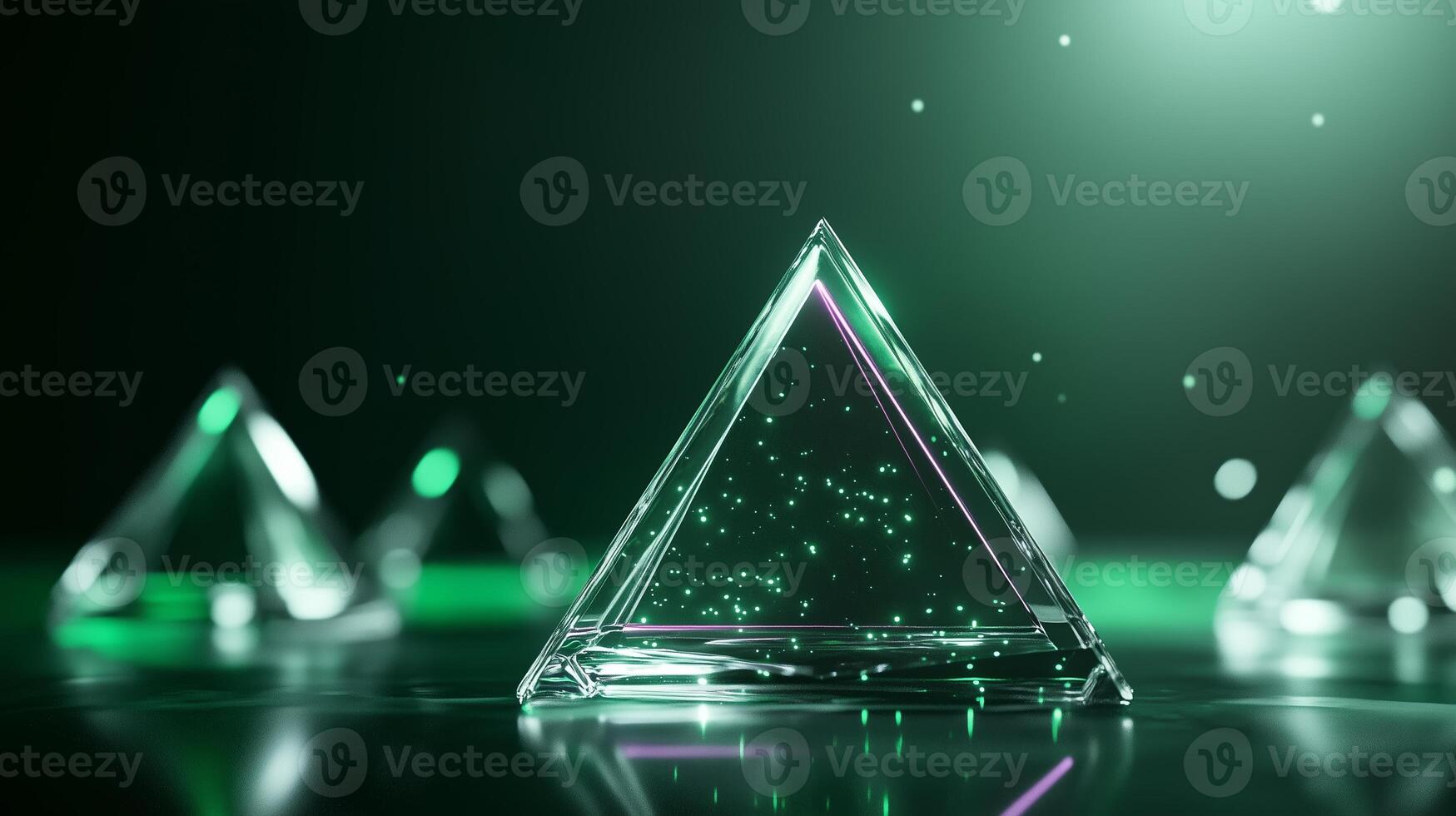 Crystal pyramids illuminated by green light amidst a shimmering background in a contemporary setting photo
