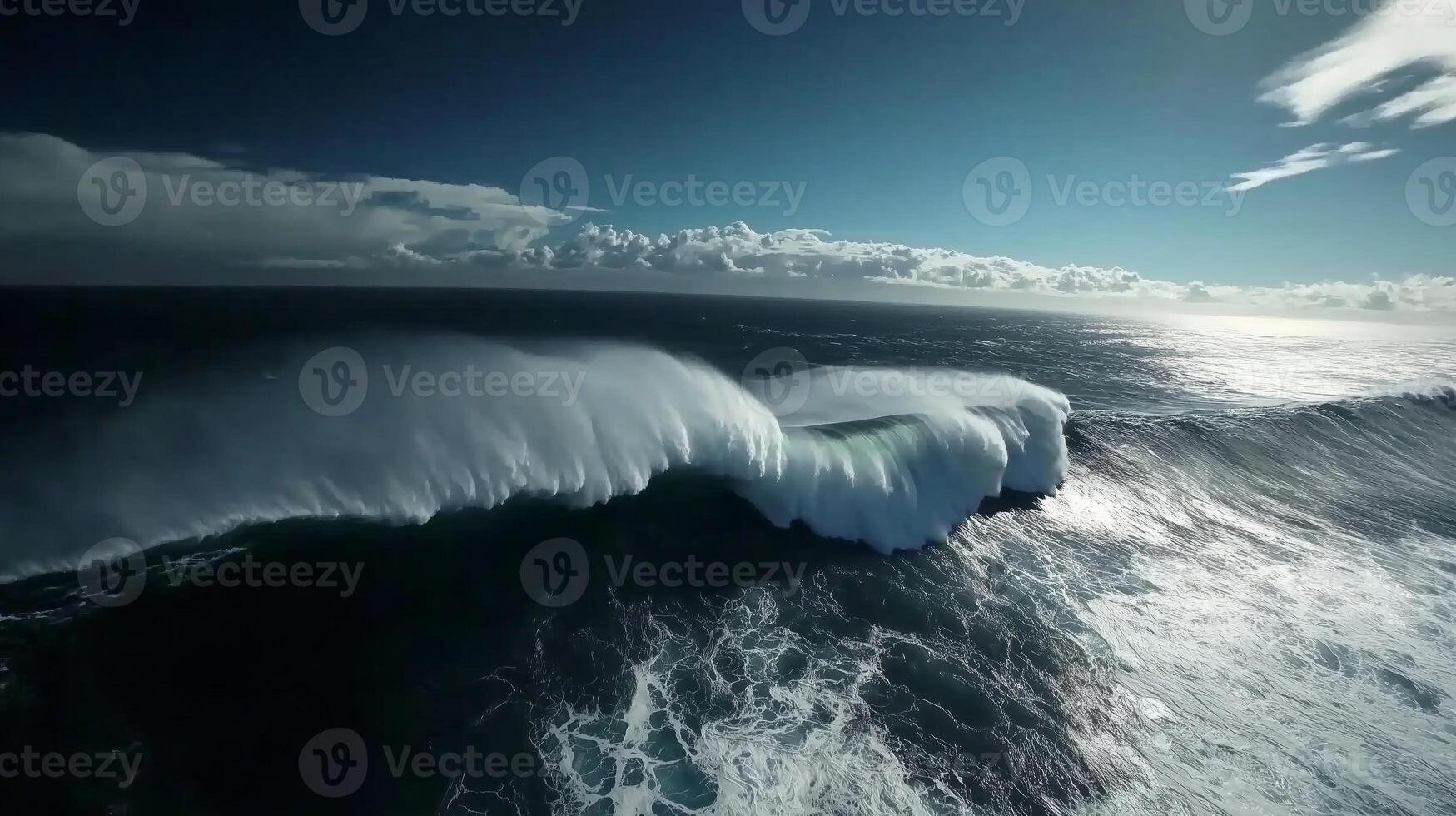 Massive ocean waves crashing against the shore under a clear blue sky in a coastal landscape during midday photo