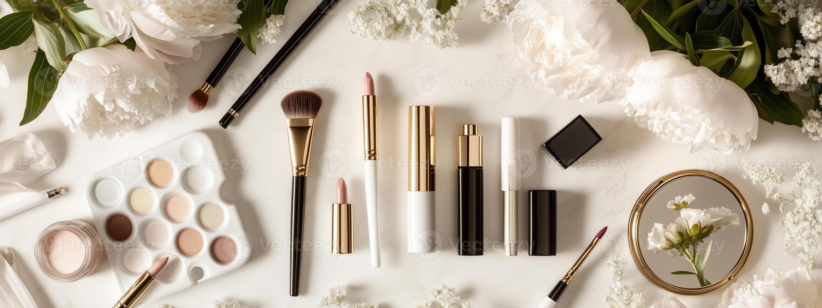 Elegant makeup arrangement with flowers and tools on a white surface during daylight photo
