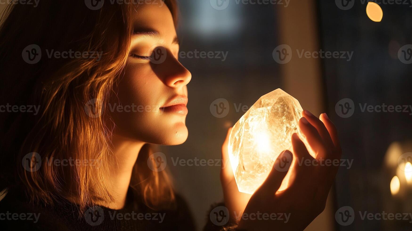 Young woman holding glowing crystal in dimly lit room with soft ambiance during evening hours photo