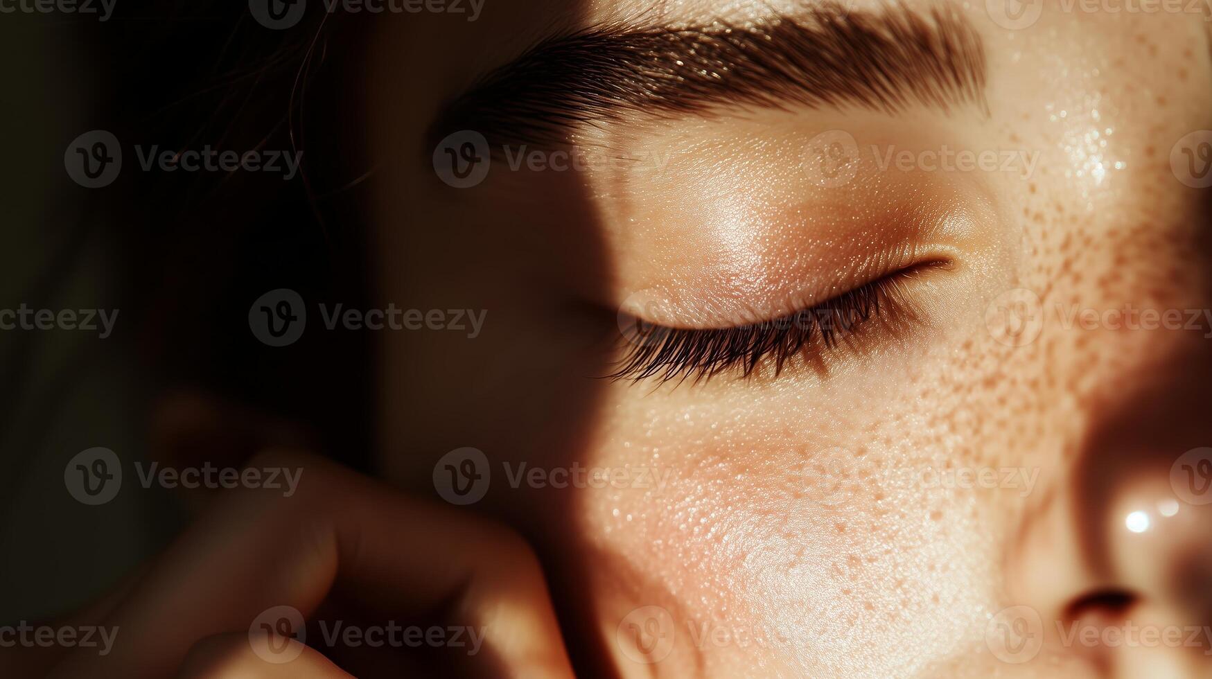 Close-up of a serene woman with closed eyes, enjoying a moment of calm in soft, natural light highlighting her features photo